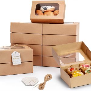 24 Pcs Cookie Boxes with Window for Paper Gift Giving Brown Bakery Gift Boxes 9 x 6.3 x 3 Inch, Easy Estate Holiday Packaging for Cookie, Cupcaked, Donuts & Pastries-0